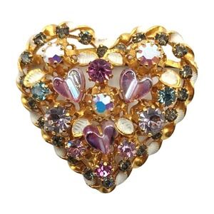 Vintage Rhinestone Heart Brooch Iridescent Glass Hearts Aurora Borealis Jewelry